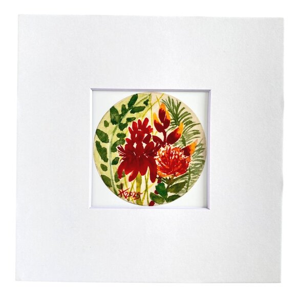 Art Print of Tropical Delight Flowers Watercolor Painting 8x8in White Mat - Picture 2 of 3